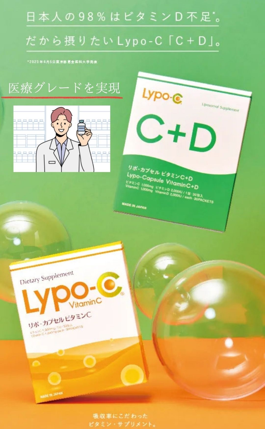 Lypo-Cのパッケージ写真。高濃度ビタミンCをリポソーム化したサプリメント。