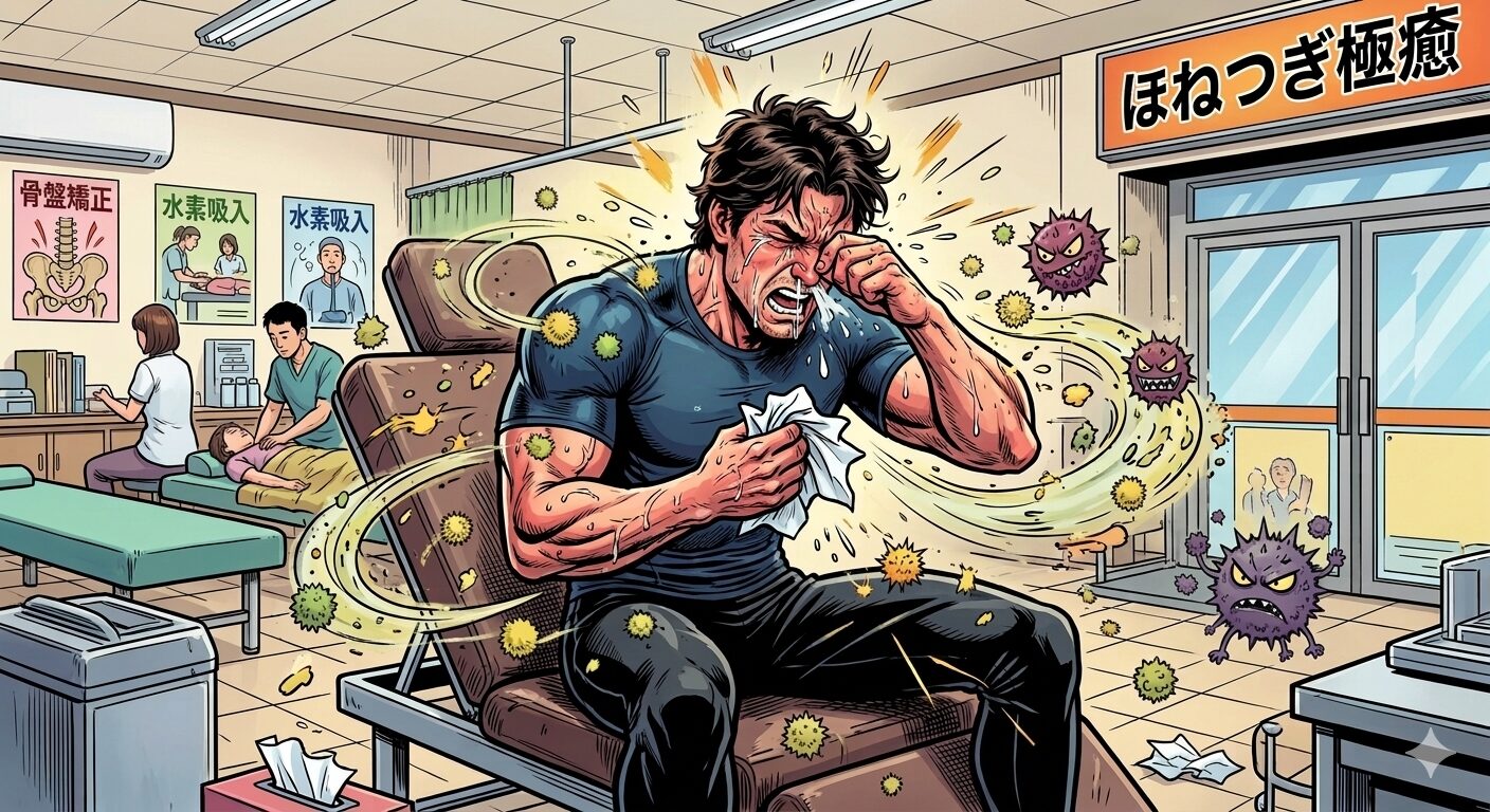 花粉症で悩む男性、接骨院で水素吸入で症状改善