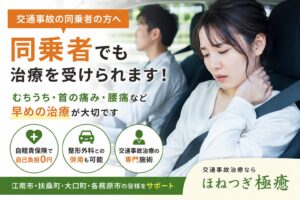 交通事故後の車内で首を押さえる助手席の女性