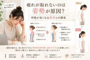 猫背によって呼吸が浅くなり疲れやすくなる仕組みと、姿勢矯正によるビフォーアフターを表したイメージ画像