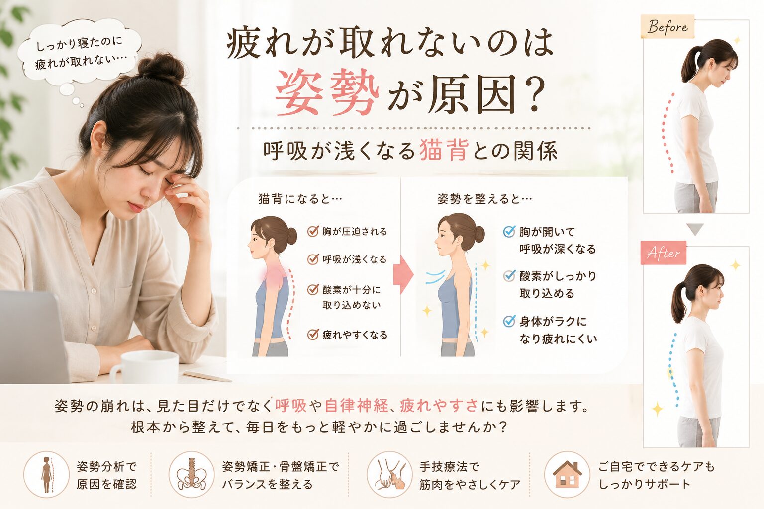 猫背によって呼吸が浅くなり疲れやすくなる仕組みと、姿勢矯正によるビフォーアフターを表したイメージ画像