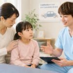 交通事故後、子どもの体調を心配しながら寄り添う保護者と医療従事者のイメージ