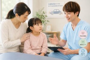 交通事故後、子どもの体調を心配しながら寄り添う保護者と医療従事者のイメージ