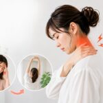 ストレートネックによる首こりや頭痛に悩む女性と、姿勢改善による変化をイメージした姿勢矯正の画像