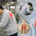 工場で前かがみ姿勢の作業を続けたことで肩甲骨の内側に痛みを感じる男性作業員のイメージ。猫背や巻き肩による肩甲骨周囲への負担を表現したブログ用画像。
