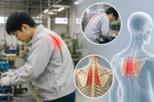 工場で前かがみ姿勢の作業を続けたことで肩甲骨の内側に痛みを感じる男性作業員のイメージ。猫背や巻き肩による肩甲骨周囲への負担を表現したブログ用画像。