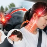 交通事故後の頭痛について、保護者に説明を行う接骨院スタッフのイメージ。むちうちや首の痛みに対する交通事故施術の様子。