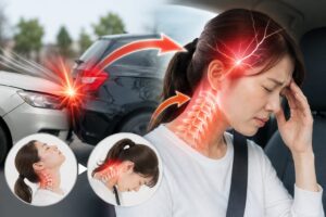交通事故後の頭痛について、保護者に説明を行う接骨院スタッフのイメージ。むちうちや首の痛みに対する交通事故施術の様子。