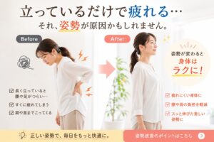立ったまま腰に手を当てて疲れた表情を見せる30〜40代女性（Before）と、姿勢が整って笑顔でまっすぐ立つ同じ女性（After）の左右比較。背景は明るい室内で、シンプルかつ清潔感のあるデザイン。文字は「立っているだけで疲れる…」「姿勢が変わると身体はラクに」の2フレーズ程度に抑え、姿勢の変化が一目で伝わる構成。
