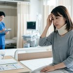 交通事故後のむち打ちによる頭痛に悩み、病院で診察を受ける女性のイメージ画像