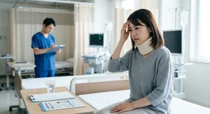 交通事故後のむち打ちによる頭痛に悩み、病院で診察を受ける女性のイメージ画像