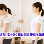 巻き肩による肩こりの姿勢矯正ビフォーアフター比較。肩が前に出た姿勢から自然な姿勢へ改善したイメージ