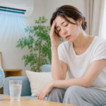 冷房の効いた部屋で頭を押さえ、体のだるさを感じている女性