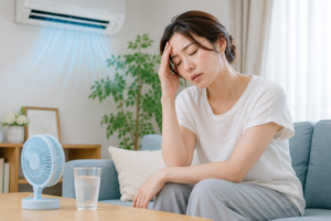 冷房の効いた部屋で頭を押さえ、体のだるさを感じている女性