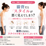 猫背と美しい姿勢を横から比較し、猫背ではバストが下がって見えたりお腹がぽっこり見えたりする姿勢の違いを解説した画像