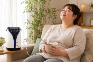 ソファでリラックスしながら鼻から水素吸入を受ける40代女性。健康維持やHbA1cが気になる方のセルフケアをイメージした写真。