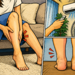 冷房による夏の足のむくみを表現したイラスト。冷房の効いた室内でふくらはぎのだるさを感じる女性と、むくんだ足首を描いたアニメ画像