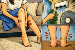 冷房による夏の足のむくみを表現したイラスト。冷房の効いた室内でふくらはぎのだるさを感じる女性と、むくんだ足首を描いたアニメ画像