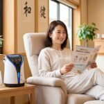 40代女性が自宅で水素吸入をしながら健康情報を読む様子。水素療法を予防医療・健康管理の一環として取り入れるイメージ