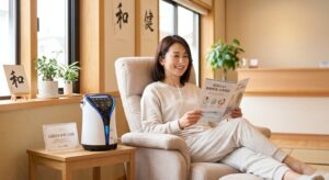 40代女性が自宅で水素吸入をしながら健康情報を読む様子。水素療法を予防医療・健康管理の一環として取り入れるイメージ