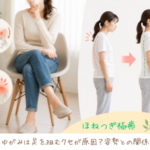 足を組む姿勢と姿勢改善のビフォーアフターを比較し、骨盤のバランスや猫背・肩こり・腰痛との関係をイメージした画像