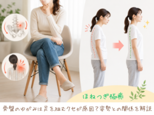足を組む姿勢と姿勢改善のビフォーアフターを比較し、骨盤のバランスや猫背・肩こり・腰痛との関係をイメージした画像