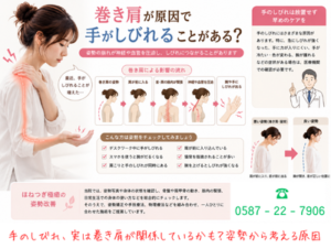 巻き肩による姿勢の崩れと、首や肩への負担が手のしびれにつながる可能性を解説した画像