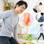 突然の腰痛で腰を押さえる男性と、ぎっくり腰の予防をイメージしたウォーキングの画像