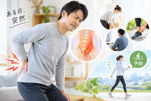 突然の腰痛で腰を押さえる男性と、ぎっくり腰の予防をイメージしたウォーキングの画像