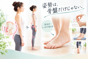姿勢と骨盤、足元の関係を示した女性の姿勢イラスト