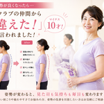 姿勢改善前後の50代女性と民踊クラブの様子を描いた画像。姿勢が整い「10歳若返った」と周囲から言われ、肩こりも気にならなくなった姿勢改善のイメージ
