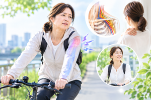 自転車通勤中の腕のしびれと胸郭出口症候群の症状、肩周辺の神経や血管の圧迫をイメージした解説画像