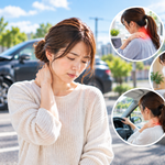 交通事故後に首の痛みを感じる女性と、むち打ちによる首・肩の違和感や腰痛、運転中の不調を表した画像