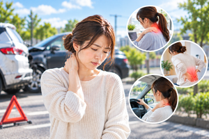 交通事故後に首の痛みを感じる女性と、むち打ちによる首・肩の違和感や腰痛、運転中の不調を表した画像