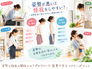 悪い姿勢と良い姿勢を比較し、デスクワークや家事、立ち仕事、子育てでの身体への負担を示した画像