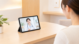 タブレットを通じて女性医師に相談するオンライン診療の画像