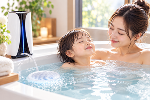 母親と子どもが水素浴を楽しむ様子と水素浴機器